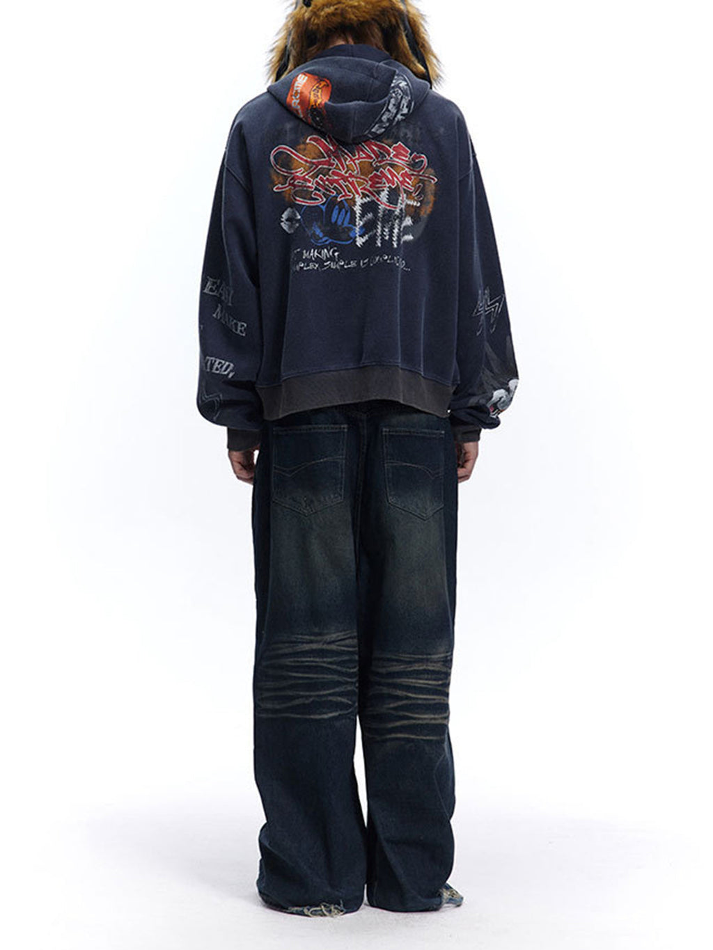 DISTRESSED GRAY HOODED TERRY CLOTH HOODIE WITH COLORFUL GRAPHICS