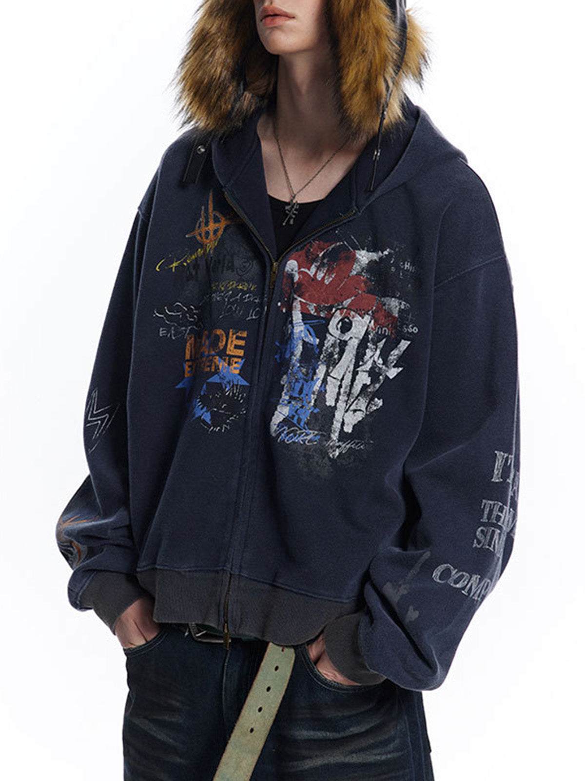 DISTRESSED GRAY HOODED TERRY CLOTH HOODIE WITH COLORFUL GRAPHICS