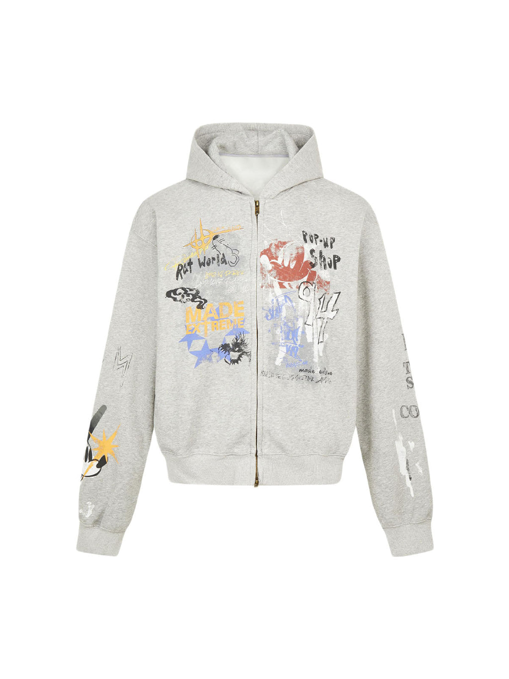 DISTRESSED GRAY HOODED TERRY CLOTH HOODIE WITH COLORFUL GRAPHICS