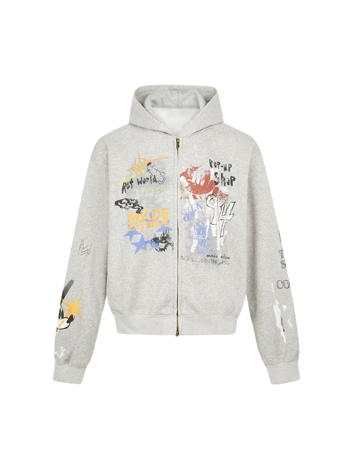 DISTRESSED GRAY HOODED TERRY CLOTH HOODIE WITH COLORFUL GRAPHICS