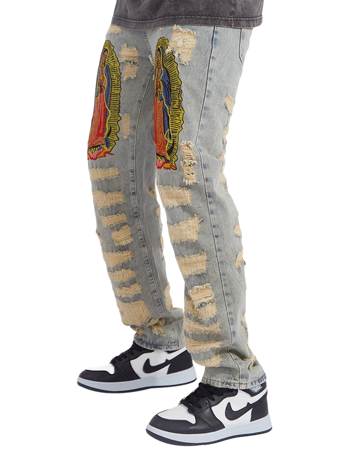 DISTRESSED GRAY JEANS WITH RELIGIOUS IMAGERY MID WAIST EMBROIDERED DETAIL