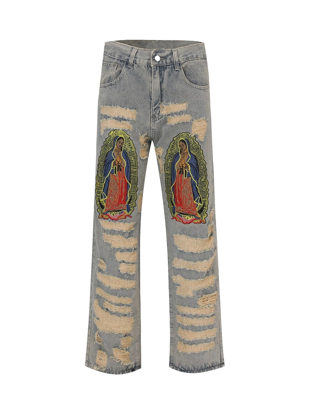 DISTRESSED GRAY JEANS WITH RELIGIOUS IMAGERY MID WAIST EMBROIDERED DETAIL