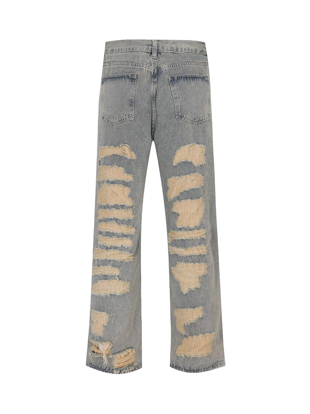 DISTRESSED GRAY JEANS WITH RELIGIOUS IMAGERY MID WAIST EMBROIDERED DETAIL