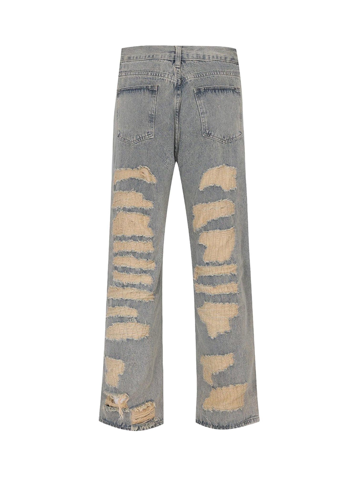 DISTRESSED GRAY JEANS WITH RELIGIOUS IMAGERY MID WAIST EMBROIDERED DETAIL