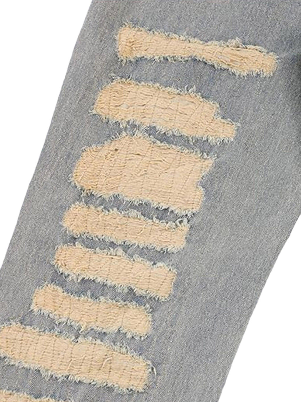 DISTRESSED GRAY JEANS WITH RELIGIOUS IMAGERY MID WAIST EMBROIDERED DETAIL