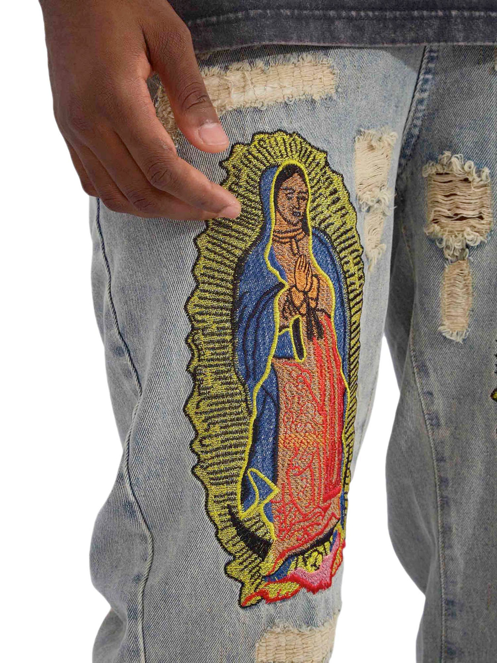 DISTRESSED GRAY JEANS WITH RELIGIOUS IMAGERY MID WAIST EMBROIDERED DETAIL