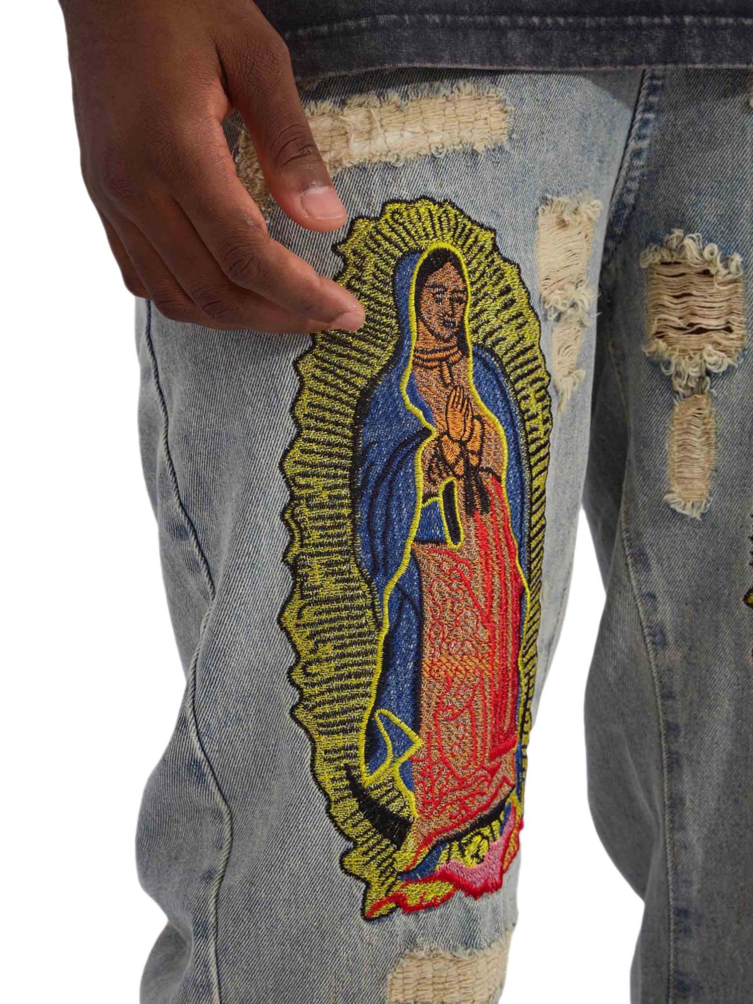 DISTRESSED GRAY JEANS WITH RELIGIOUS IMAGERY MID WAIST EMBROIDERED DETAIL