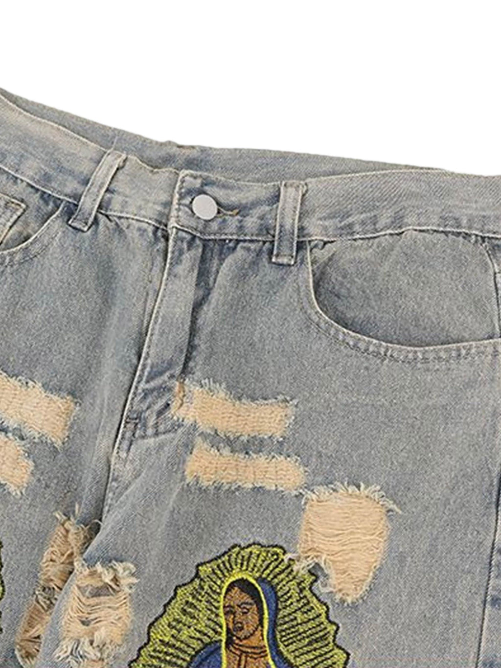 DISTRESSED GRAY JEANS WITH RELIGIOUS IMAGERY MID WAIST EMBROIDERED DETAIL