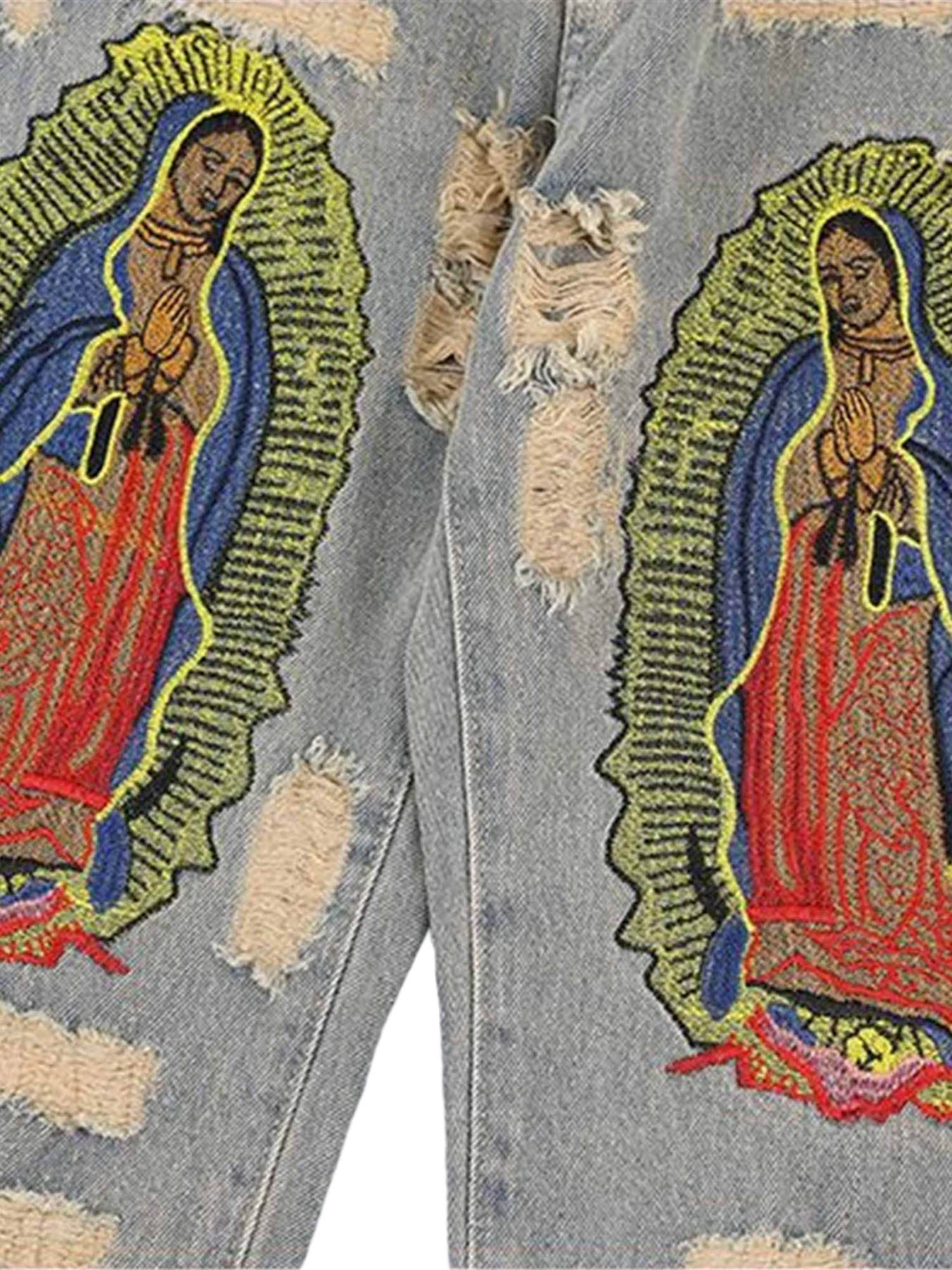 DISTRESSED GRAY JEANS WITH RELIGIOUS IMAGERY MID WAIST EMBROIDERED DETAIL