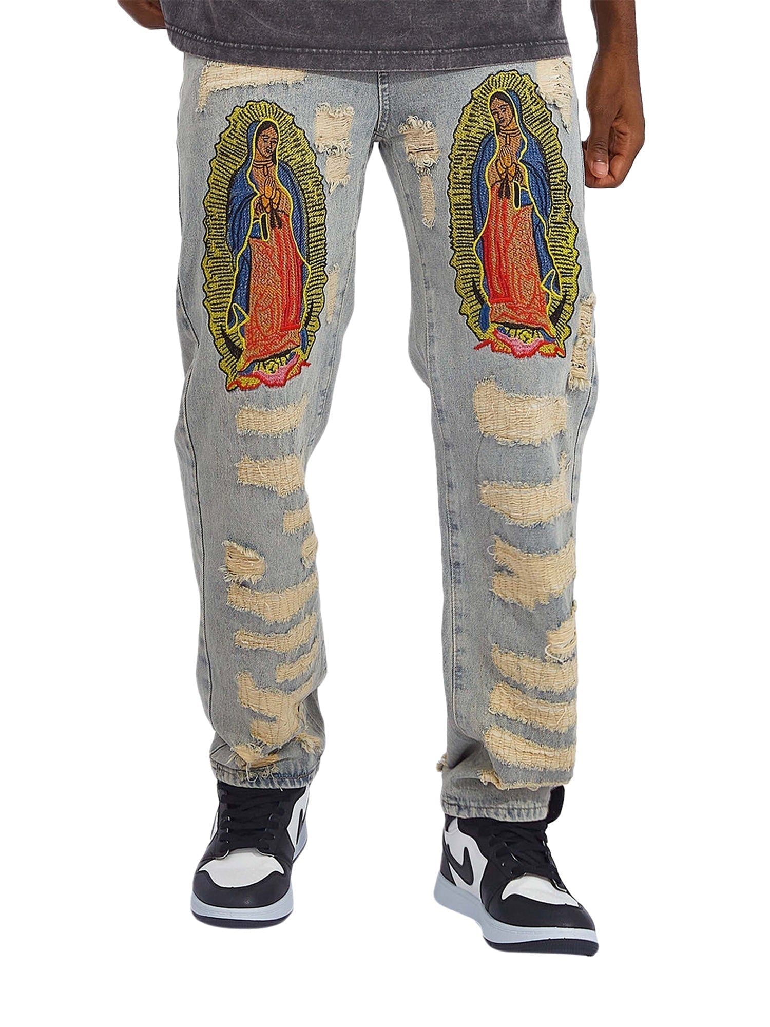 DISTRESSED GRAY JEANS WITH RELIGIOUS IMAGERY MID WAIST EMBROIDERED DETAIL