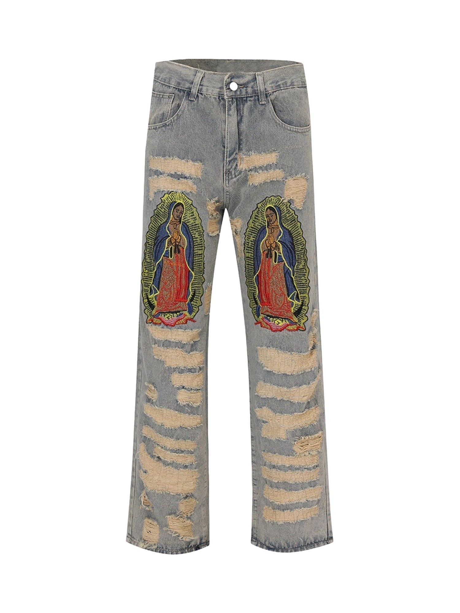 DISTRESSED GRAY JEANS WITH RELIGIOUS IMAGERY MID WAIST EMBROIDERED DETAIL