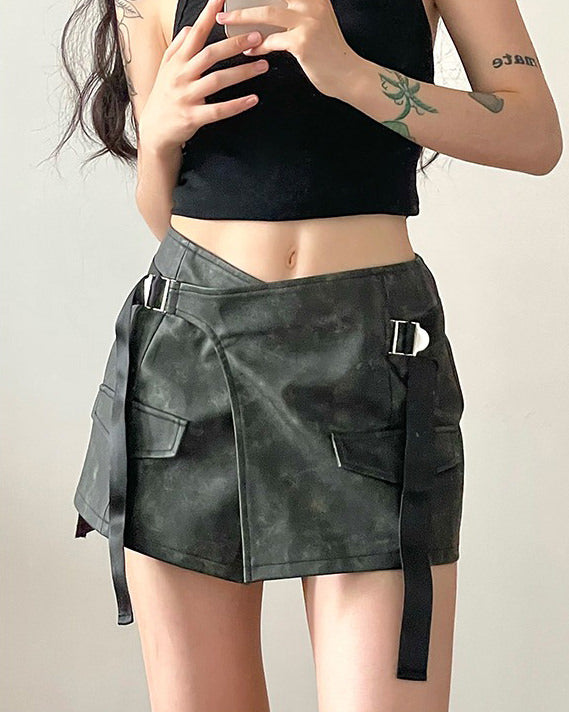 DISTRESSED GRAY MINI SKIRT WITH POCKETS AND BELT FOR WOMEN