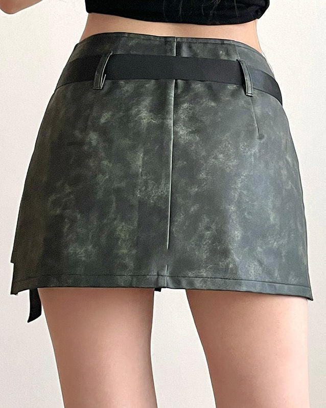 DISTRESSED GRAY MINI SKIRT WITH POCKETS AND BELT FOR WOMEN
