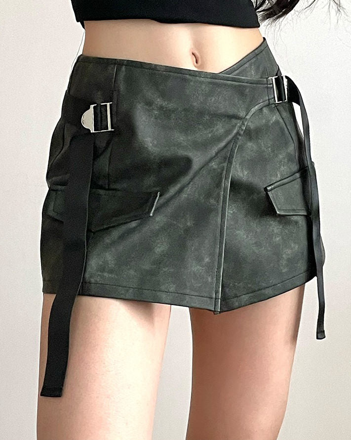 DISTRESSED GRAY MINI SKIRT WITH POCKETS AND BELT FOR WOMEN