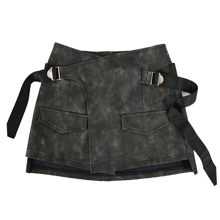 DISTRESSED GRAY MINI SKIRT WITH POCKETS AND BELT FOR WOMEN