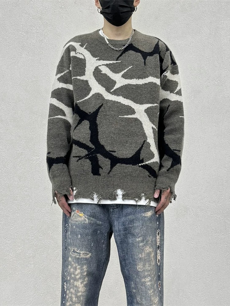 DISTRESSED GRAY SWEATER WITH THORN PATTERN - THORN DESTROYED SWEATER