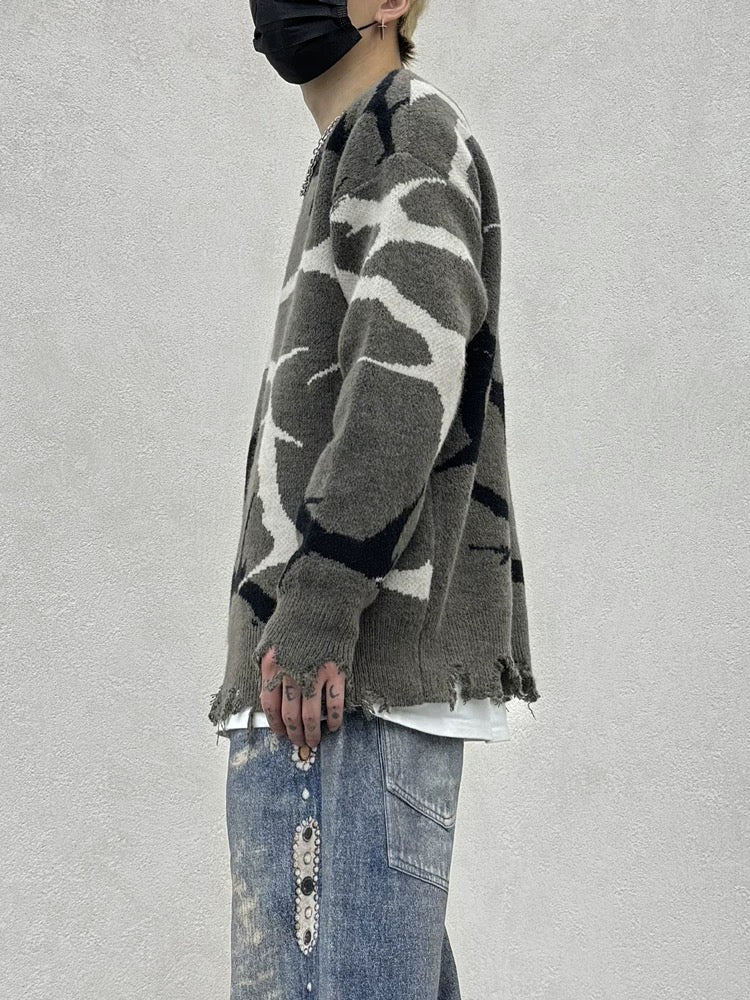 DISTRESSED GRAY SWEATER WITH THORN PATTERN - THORN DESTROYED SWEATER