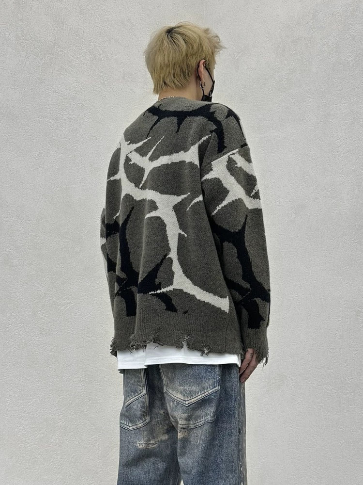 DISTRESSED GRAY SWEATER WITH THORN PATTERN - THORN DESTROYED SWEATER