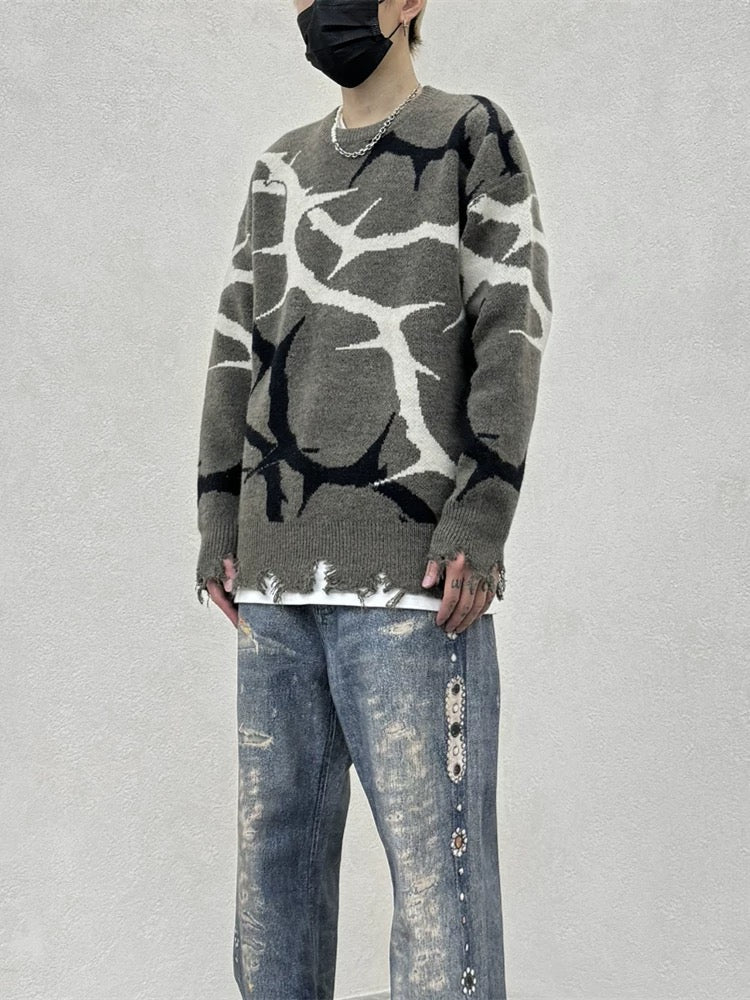 DISTRESSED GRAY SWEATER WITH THORN PATTERN - THORN DESTROYED SWEATER