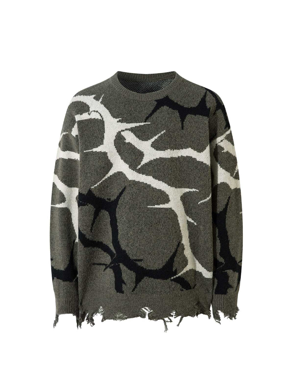 DISTRESSED GRAY SWEATER WITH THORN PATTERN - THORN DESTROYED SWEATER