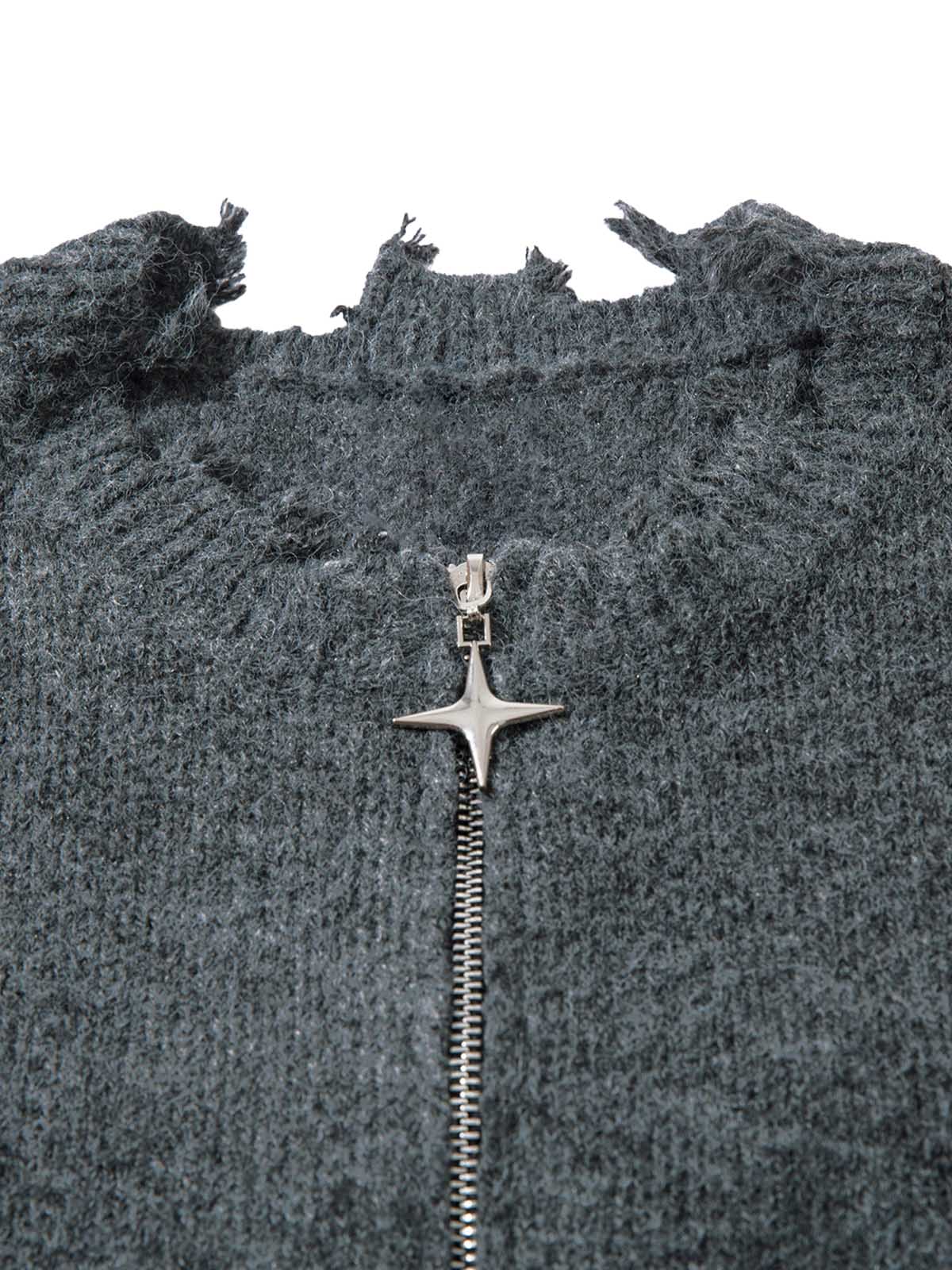 DISTRESSED KNIT SWEATER - BLACK QUARTER ZIP WITH DISTRESSED DETAIL