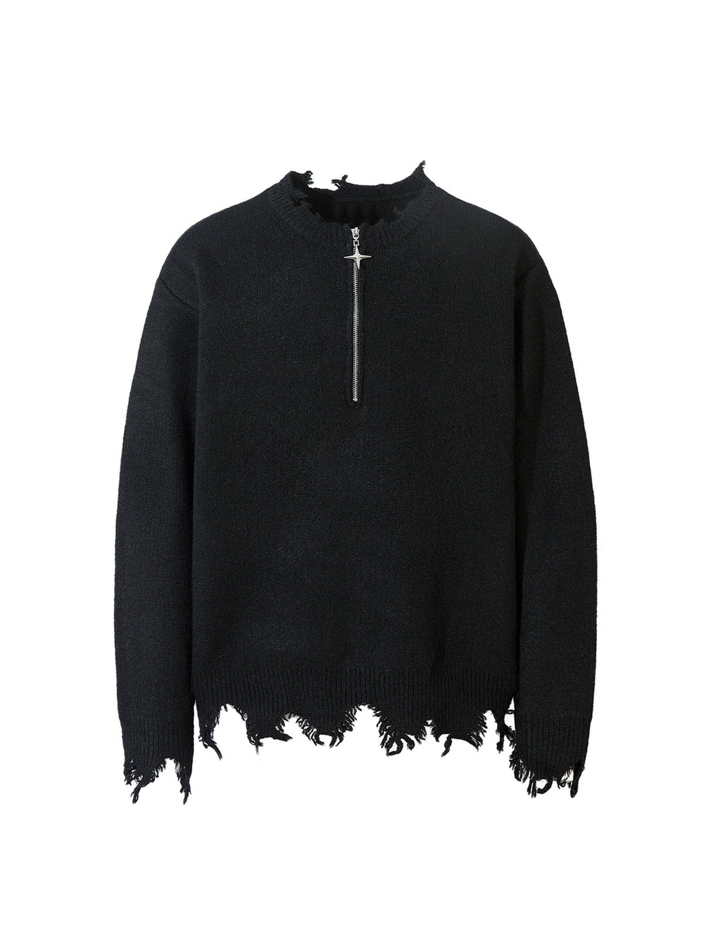 DISTRESSED KNIT SWEATER - BLACK QUARTER ZIP WITH DISTRESSED DETAIL