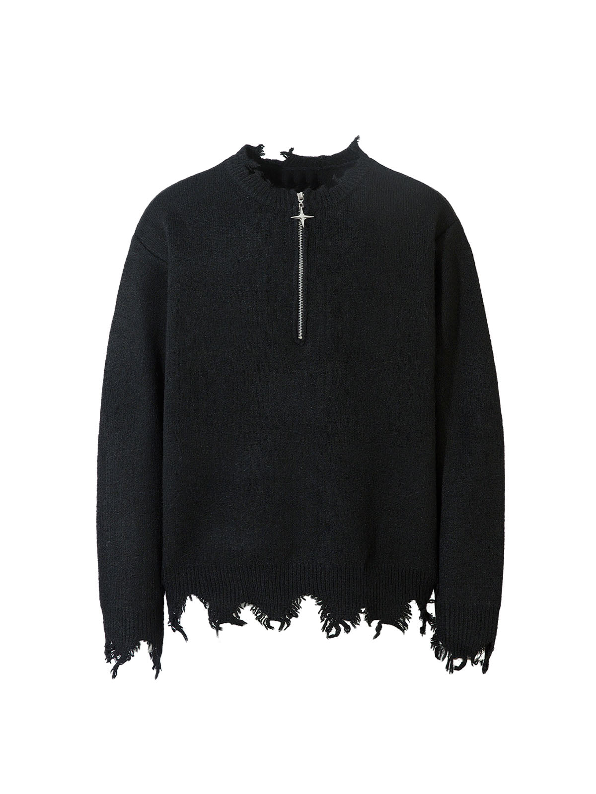 DISTRESSED KNIT SWEATER - BLACK QUARTER ZIP WITH DISTRESSED DETAIL