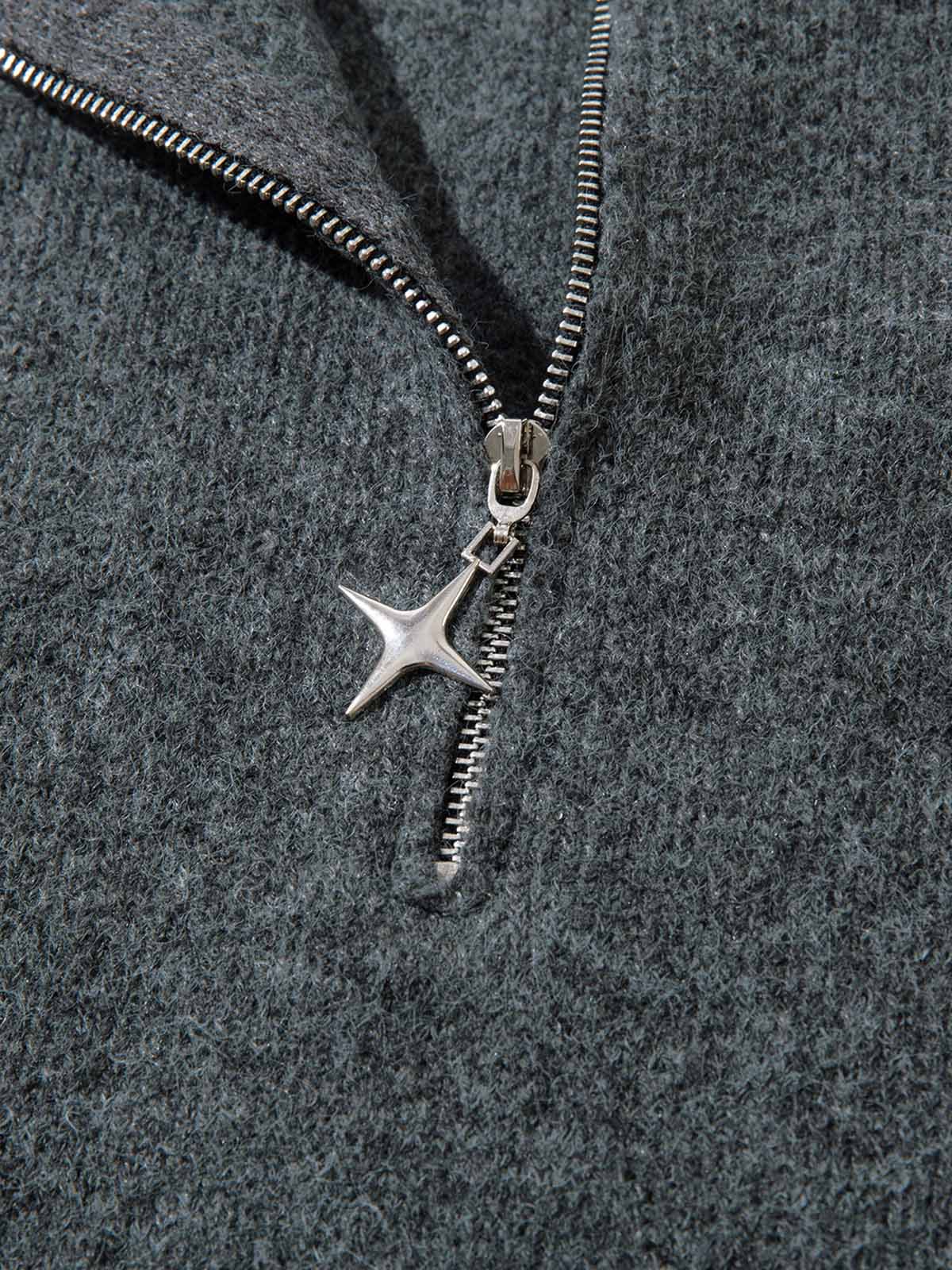 DISTRESSED KNIT SWEATER - BLACK QUARTER ZIP WITH DISTRESSED DETAIL