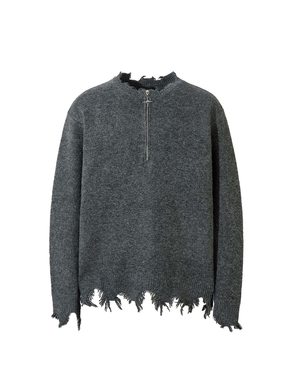 DISTRESSED KNIT SWEATER - BLACK QUARTER ZIP WITH DISTRESSED DETAIL