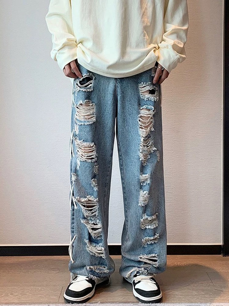 DISTRESSED LIGHT WASH STRAIGHT LEG JEANS WITH LACE-UP DETAILS