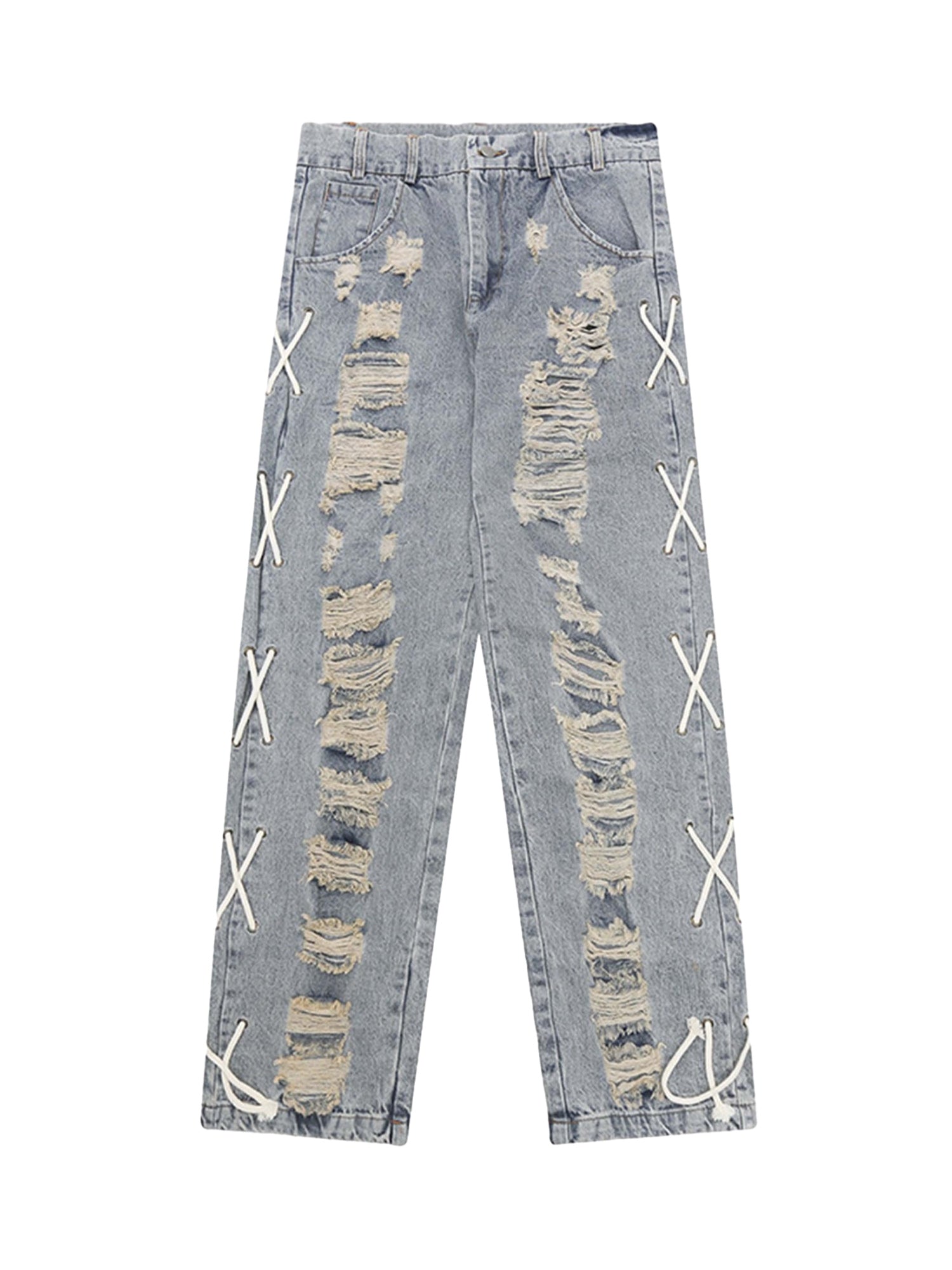 DISTRESSED LIGHT WASH STRAIGHT LEG JEANS WITH LACE-UP DETAILS