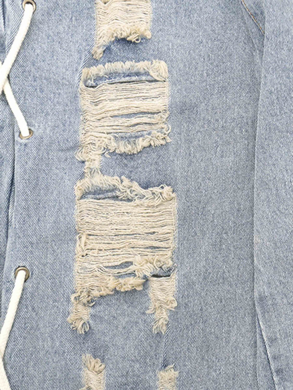 DISTRESSED LIGHT WASH STRAIGHT LEG JEANS WITH LACE-UP DETAILS