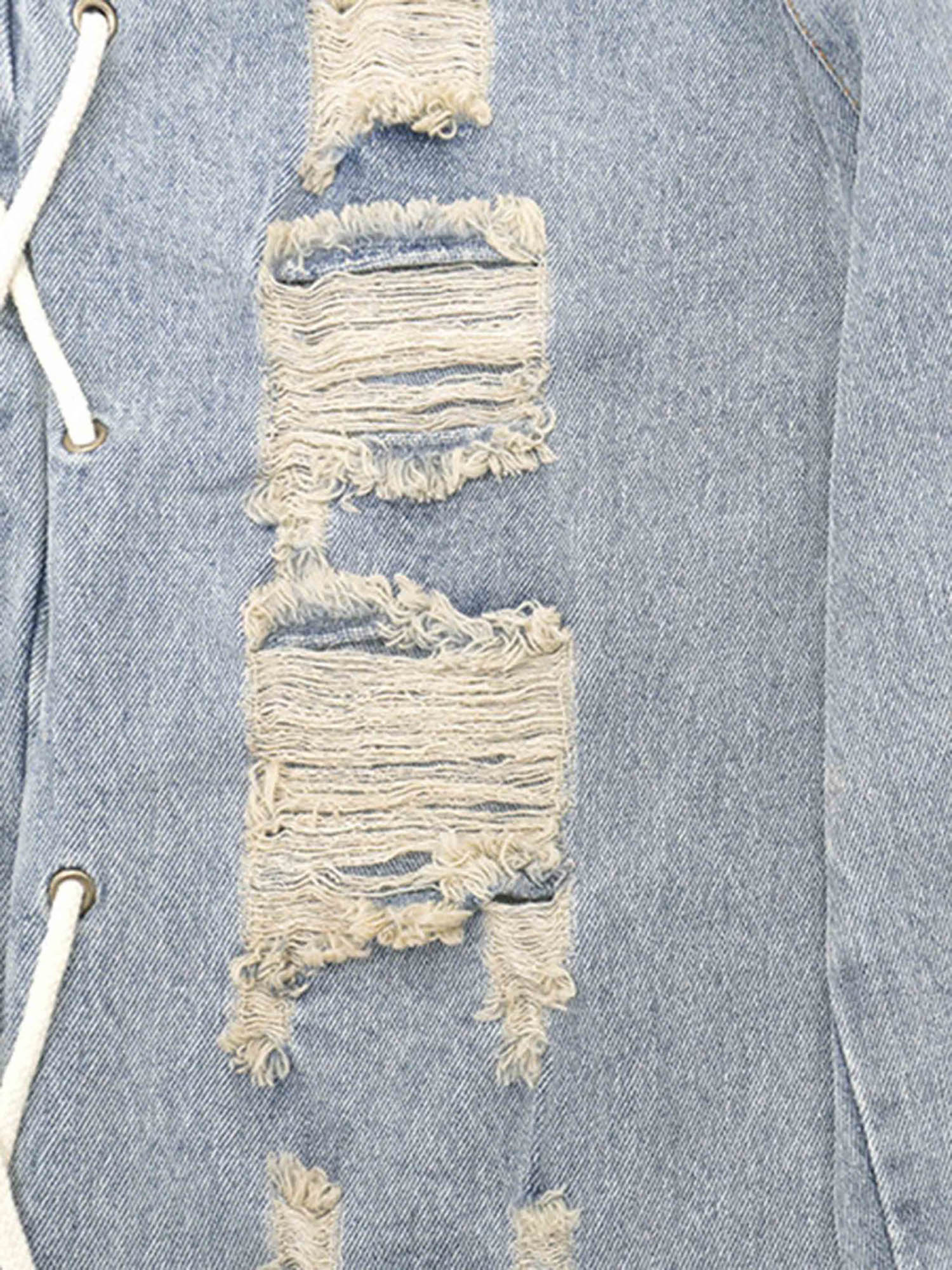 DISTRESSED LIGHT WASH STRAIGHT LEG JEANS WITH LACE-UP DETAILS