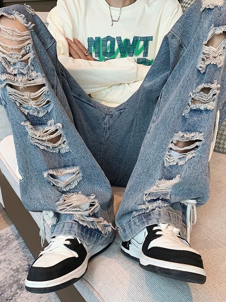 DISTRESSED LIGHT WASH STRAIGHT LEG JEANS WITH LACE-UP DETAILS