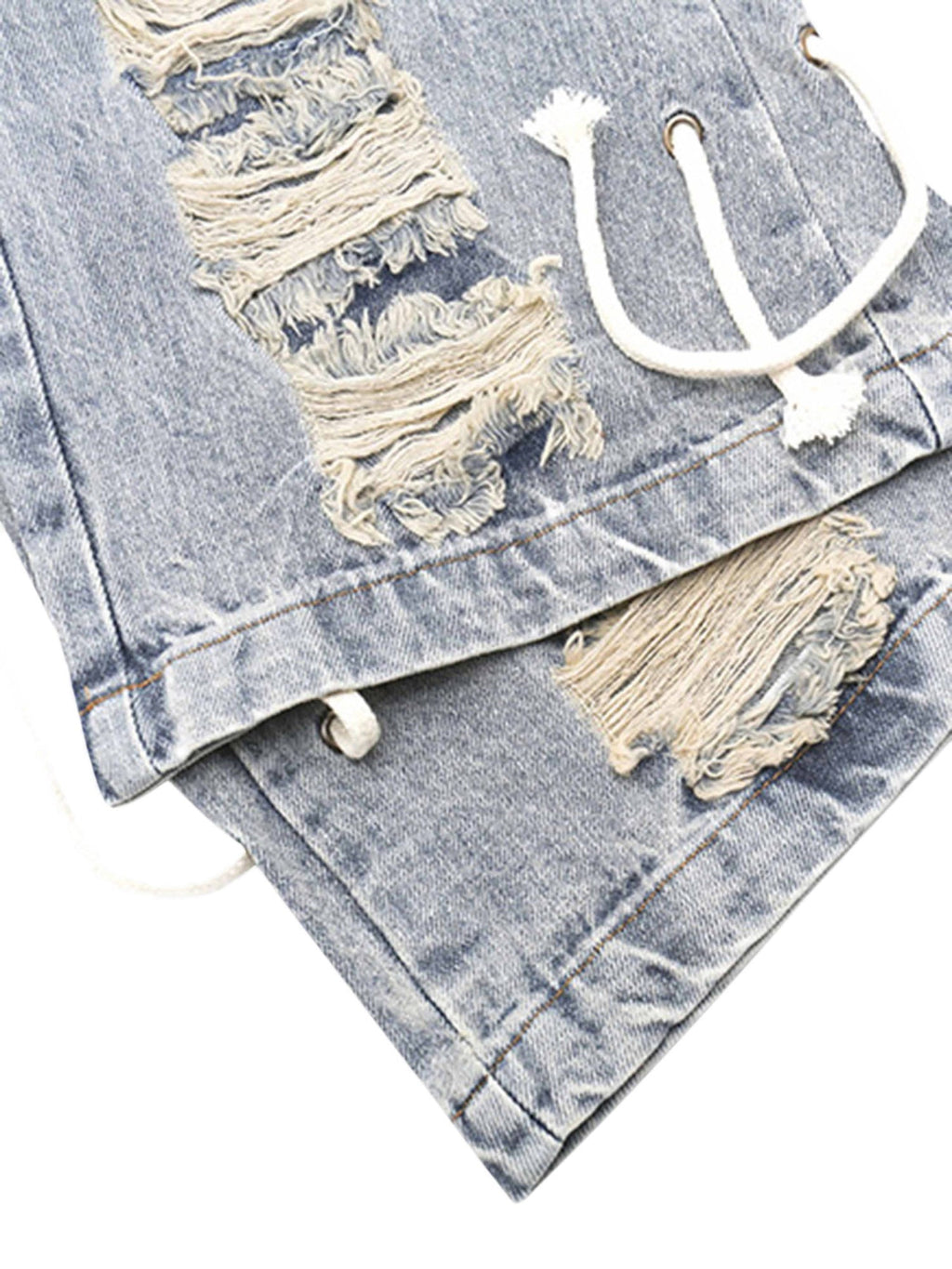 DISTRESSED LIGHT WASH STRAIGHT LEG JEANS WITH LACE-UP DETAILS
