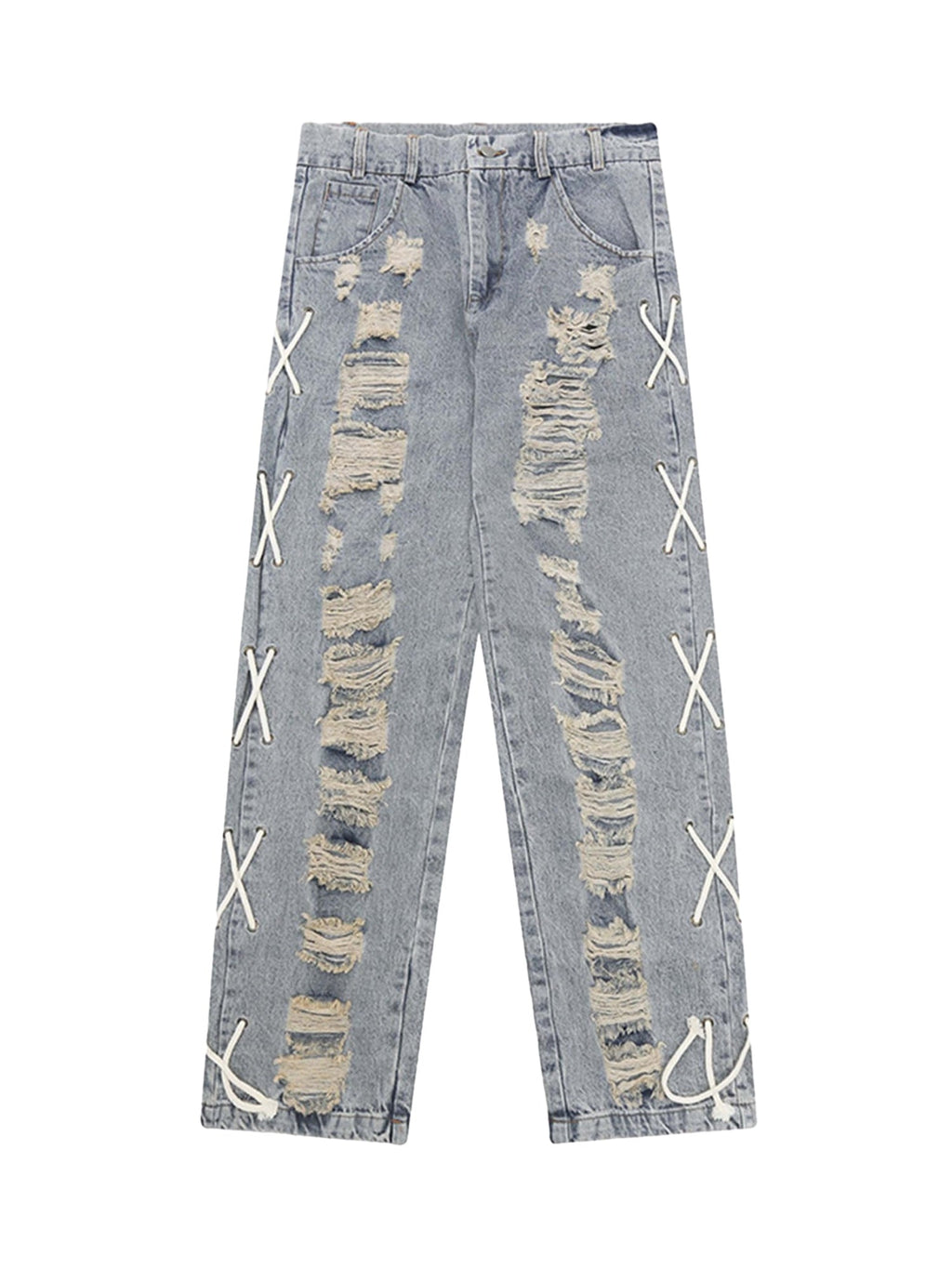 DISTRESSED LIGHT WASH STRAIGHT LEG JEANS WITH LACE-UP DETAILS