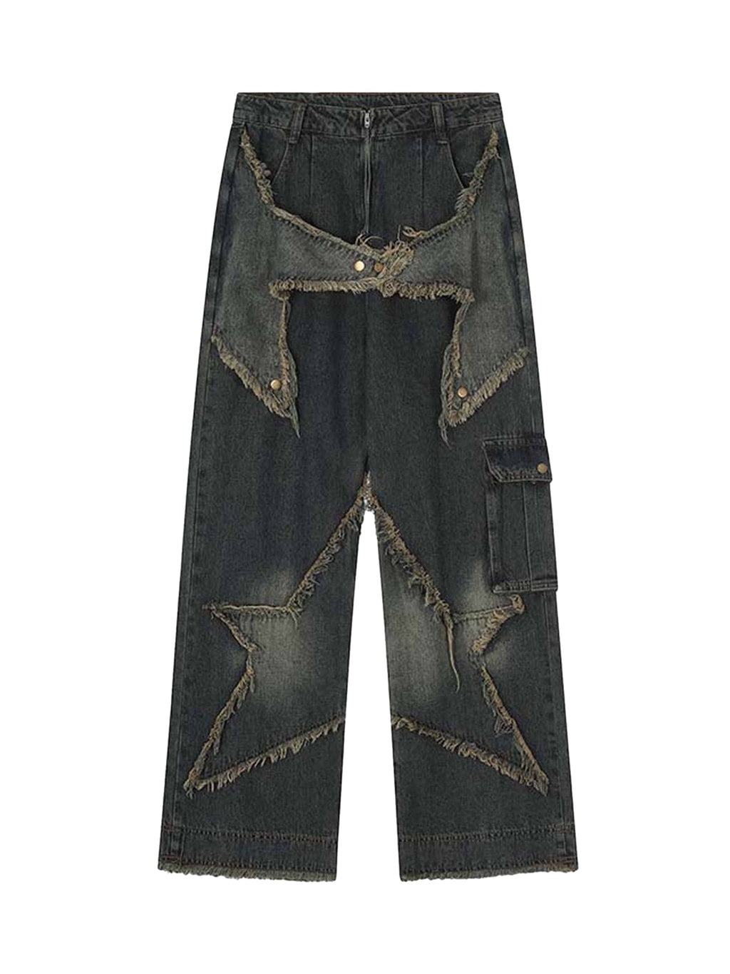 DISTRESSED STAR-PATCH DENIM PANTS MID WAIST COTTON BLEND STRAIGHT FIT
