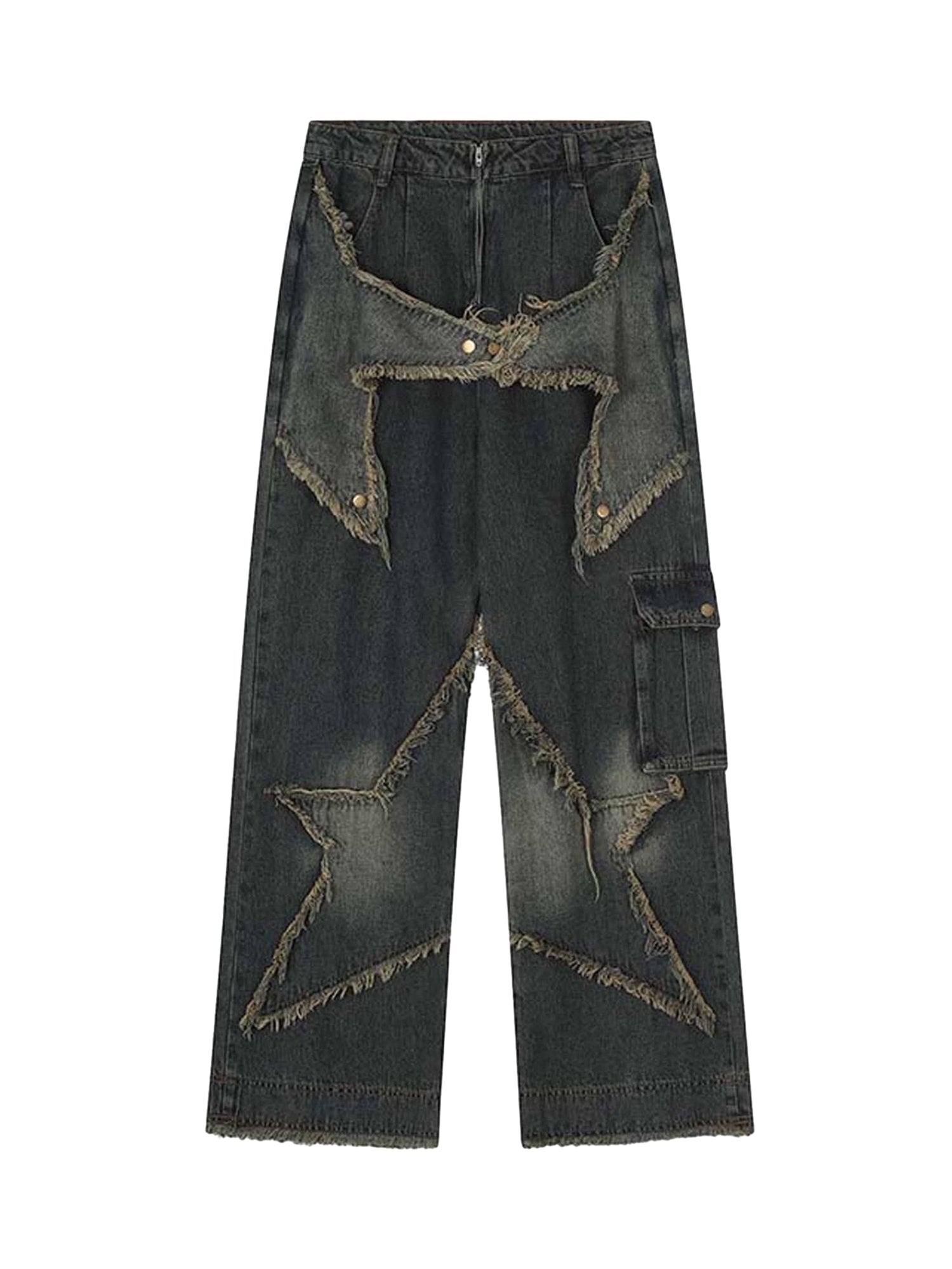 DISTRESSED STAR-PATCH DENIM PANTS MID WAIST COTTON BLEND STRAIGHT FIT