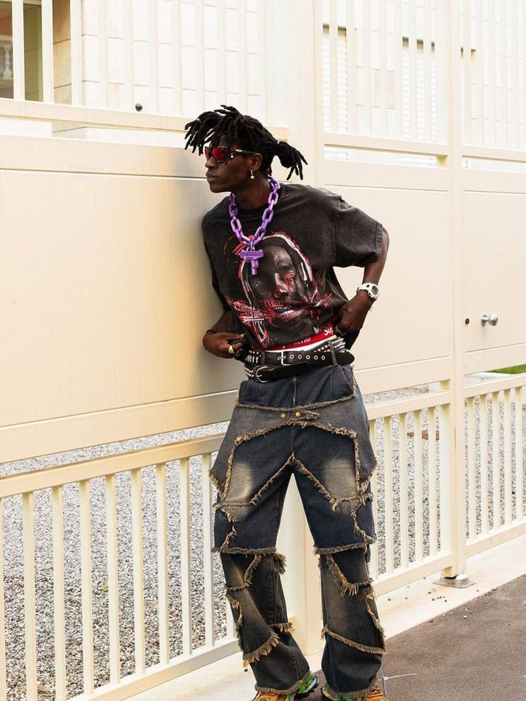 DISTRESSED STAR-PATCH DENIM PANTS MID WAIST COTTON BLEND STRAIGHT FIT