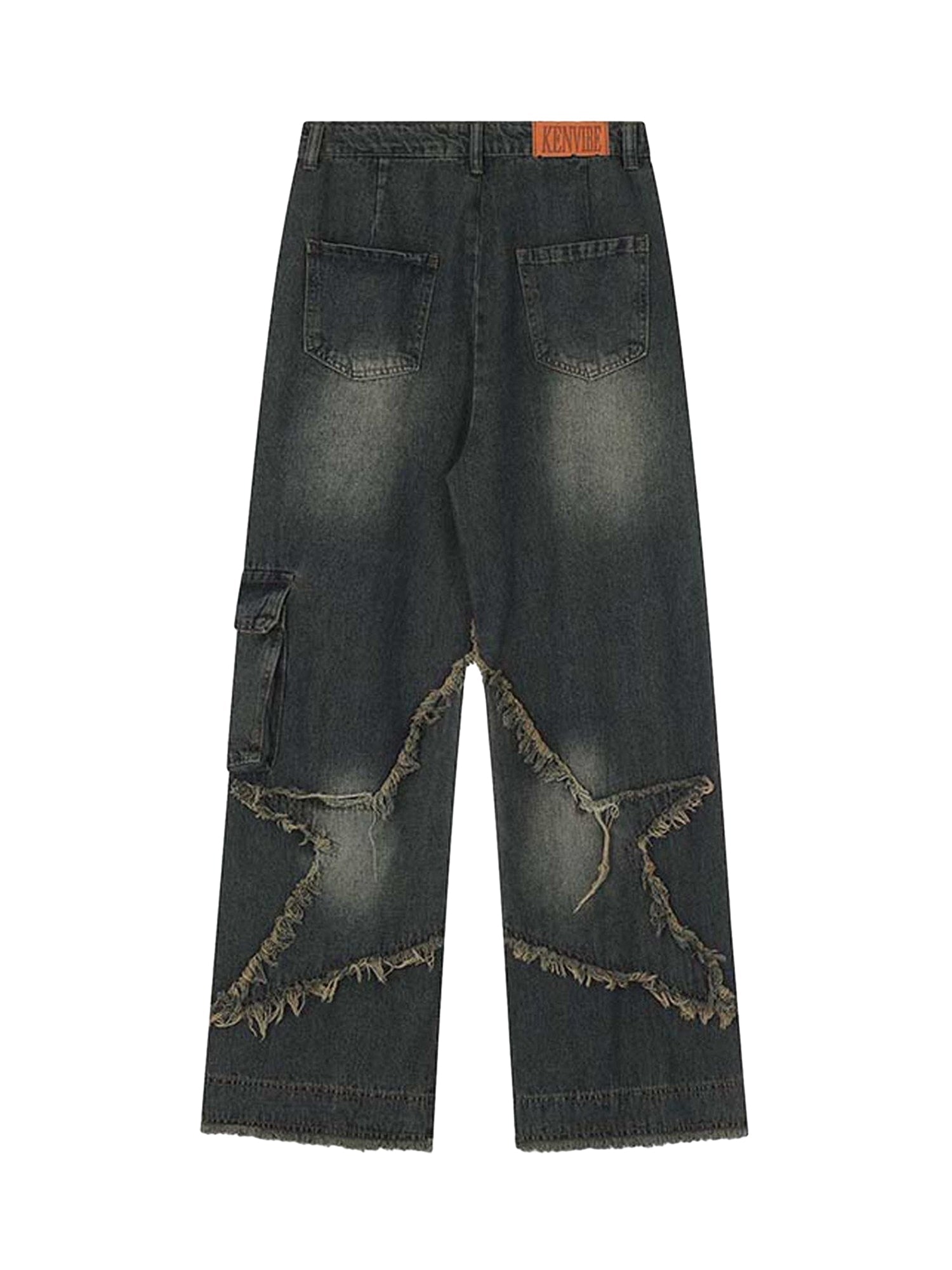 DISTRESSED STAR-PATCH DENIM PANTS MID WAIST COTTON BLEND STRAIGHT FIT