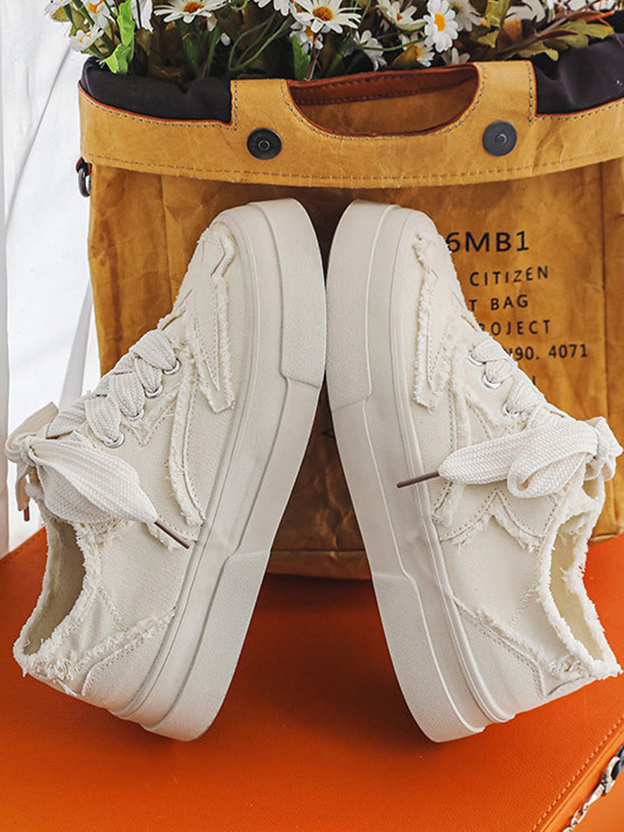 DISTRESSED WHITE CANVAS SNEAKERS CASUAL ROUND TOE SHOES