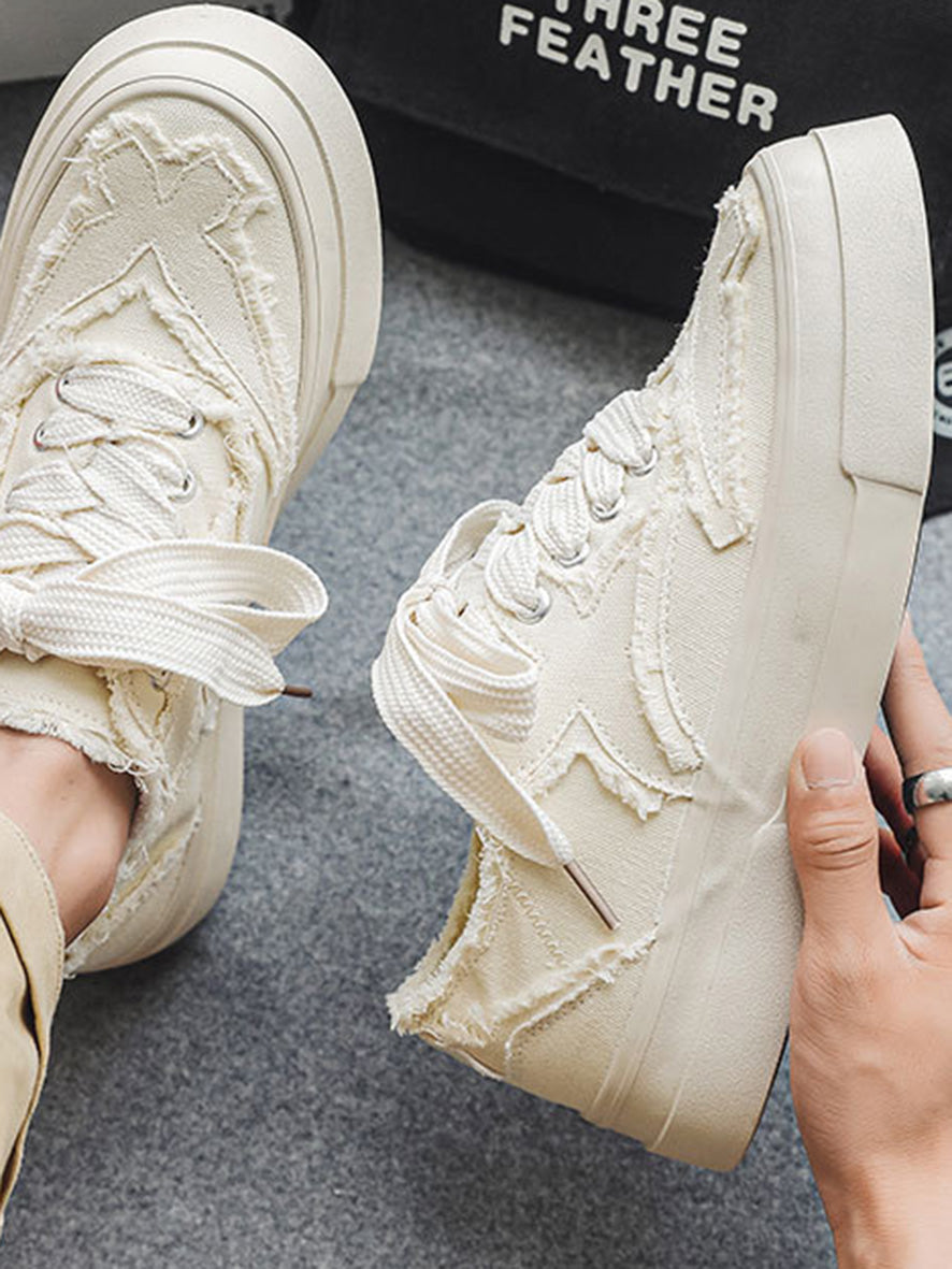 DISTRESSED WHITE CANVAS SNEAKERS CASUAL ROUND TOE SHOES