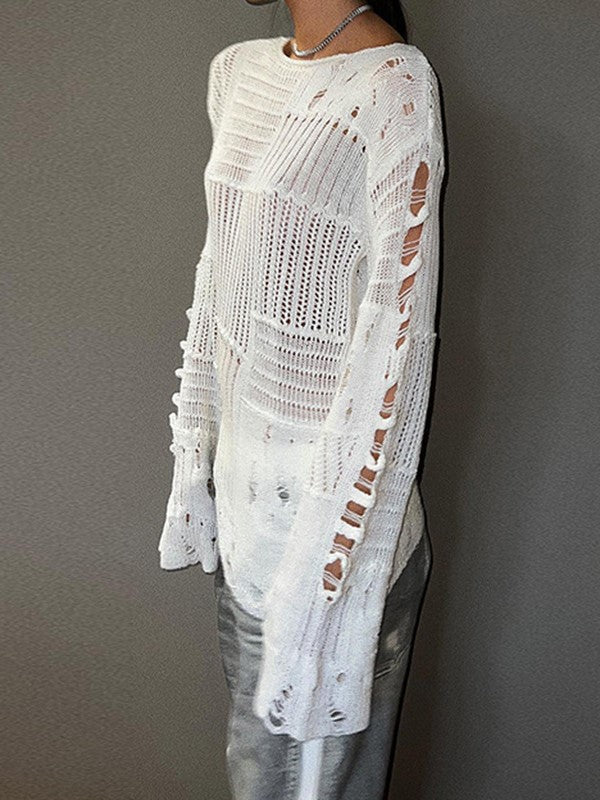 DISTRESSED WHITE KNIT SWEATER WITH CUTOUT DESIGN AND LONG SLEEVE