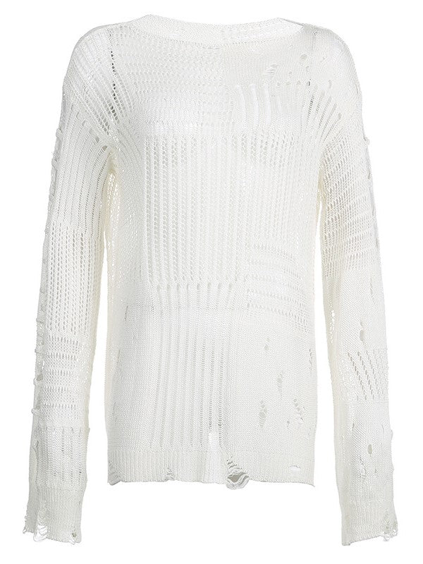 DISTRESSED WHITE KNIT SWEATER WITH CUTOUT DESIGN AND LONG SLEEVE