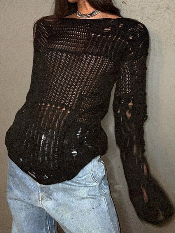 DISTRESSED WHITE KNIT SWEATER WITH CUTOUT DESIGN AND LONG SLEEVE