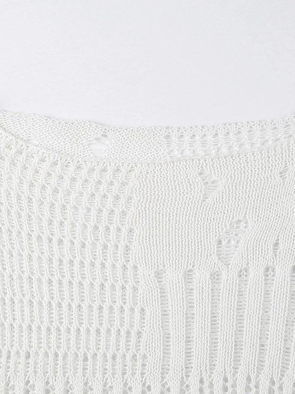 DISTRESSED WHITE KNIT SWEATER WITH CUTOUT DESIGN AND LONG SLEEVE