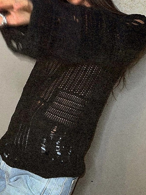 DISTRESSED WHITE KNIT SWEATER WITH CUTOUT DESIGN AND LONG SLEEVE