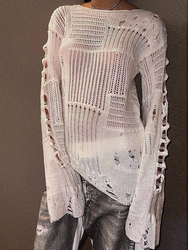 DISTRESSED WHITE KNIT SWEATER WITH CUTOUT DESIGN AND LONG SLEEVE