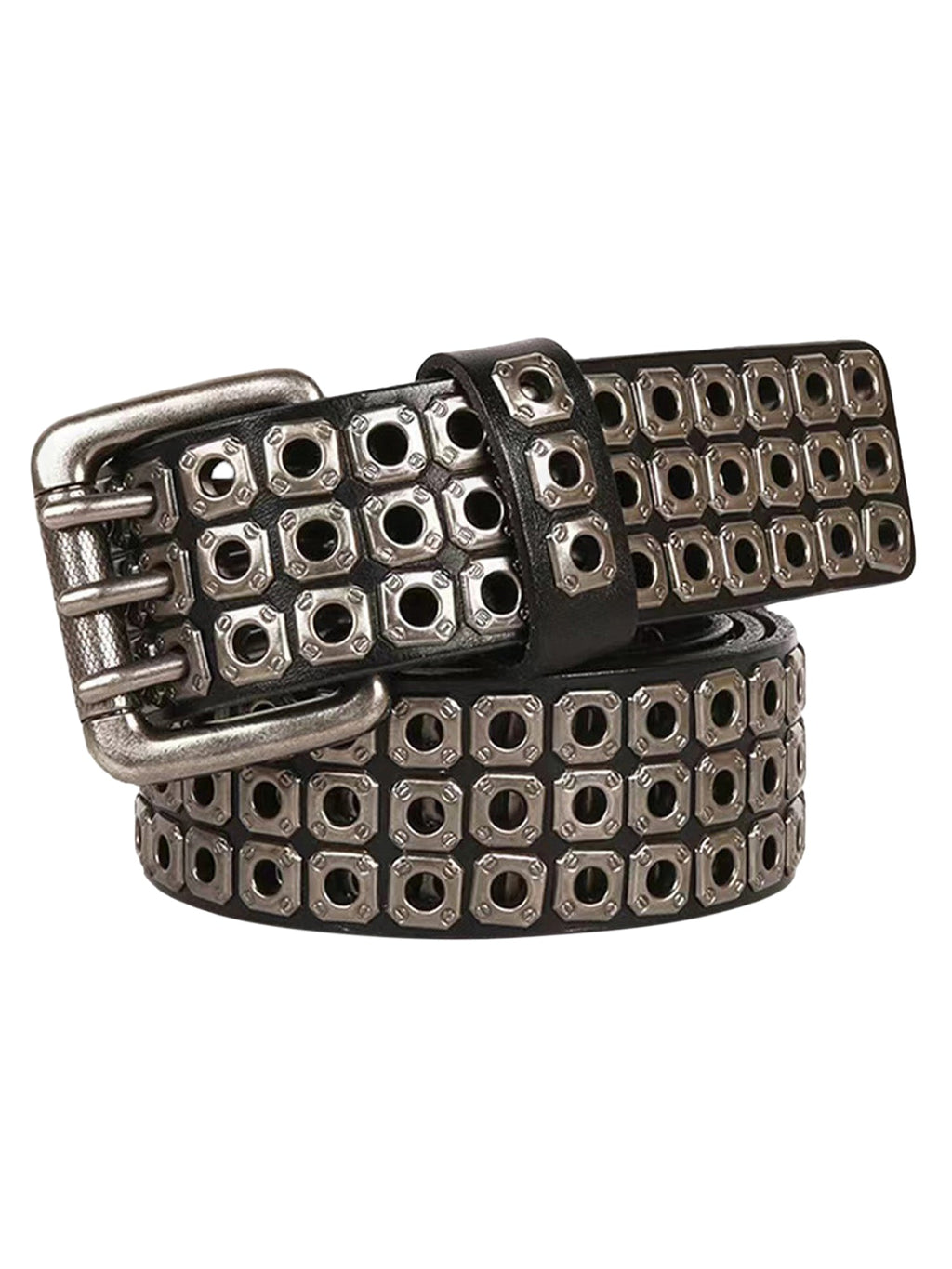 EDGY BELT WITH SILVER SQUARE GROMMETS AND METAL BUCKLE