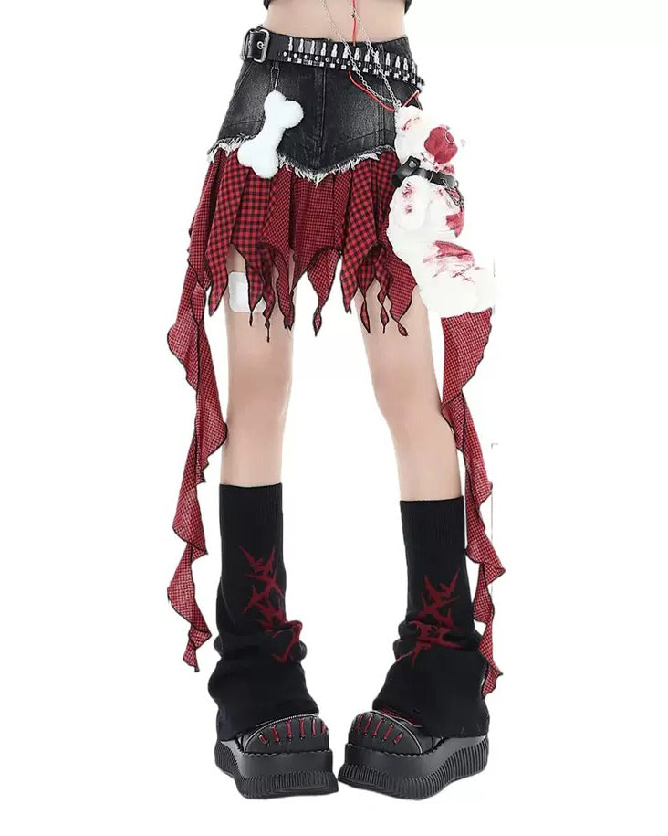 EDGY PUNK ROCK DENIM SKIRT BONE CHARM ROCK DENIM